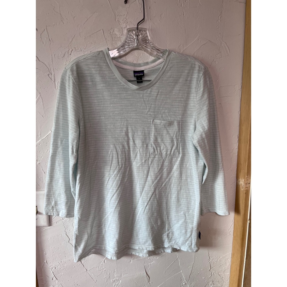 Patagonia Womens Small‎ Mint Green Striped Organic Cotton Blend Pocket Tee Shirt